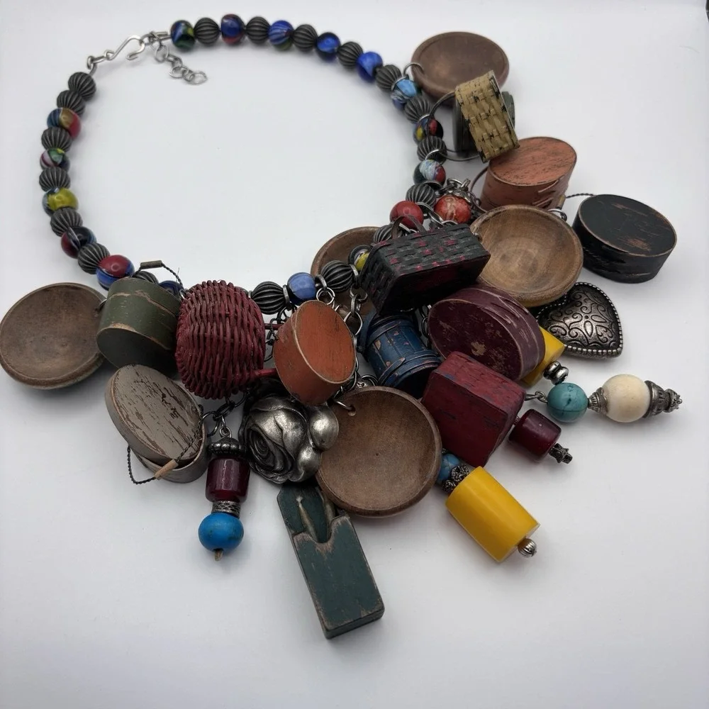 Vintage Mexican Folk Art Charm Necklace Statement Bib Beaded Wood Metal